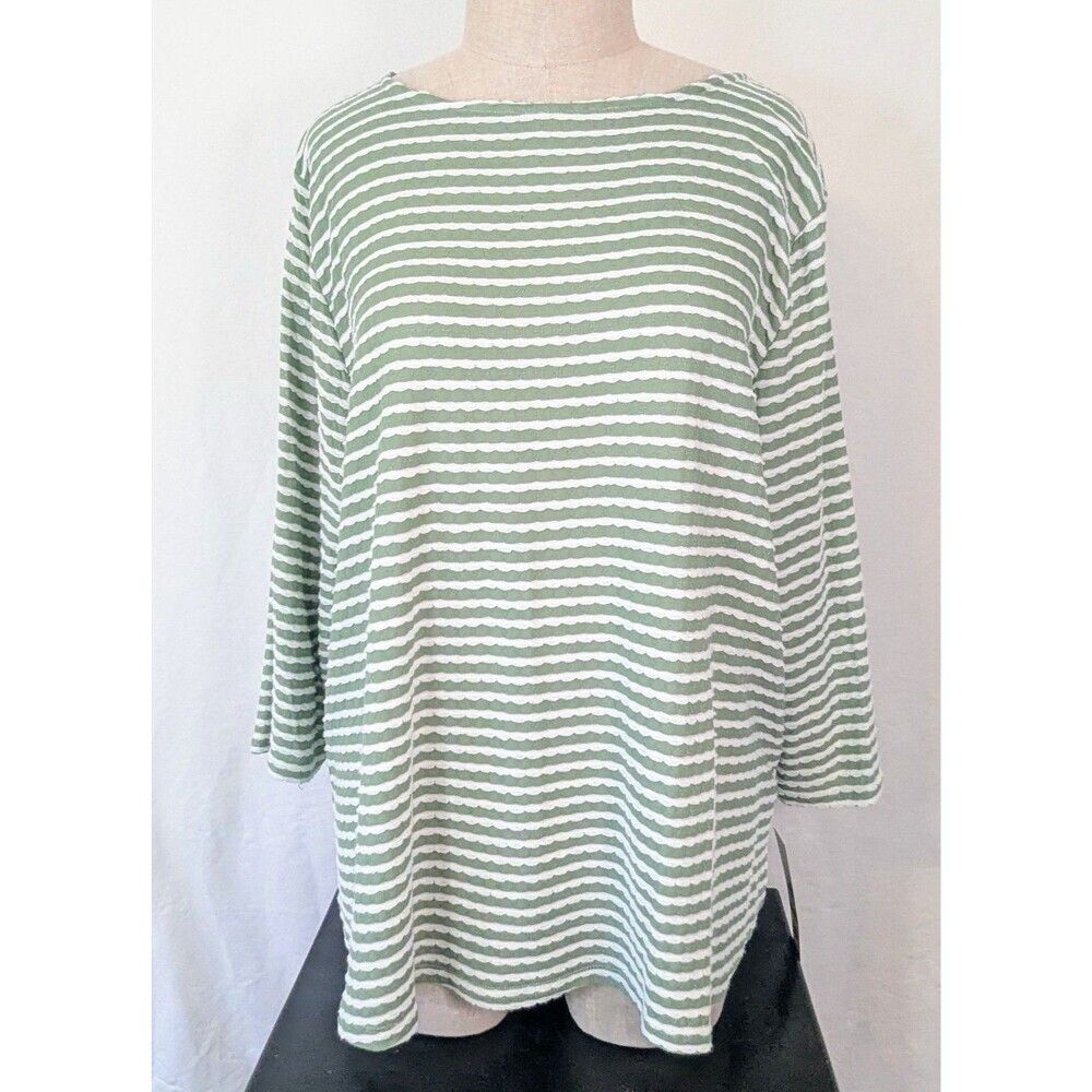NWT Ruby Rd Woman 3X Green White Stripe Top 3/4 Sleeve Rayon Blend